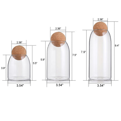 Suwimut 3 Pack Glass Storage Jar with Ball Cork Lid, Clear Glass Canisters with Cork Ball, Cute Decorative Round Glass Bottles with Airtight Wooden Lid for Spice, Sugar, Salt, Tea, Nuts, Coffee Beans