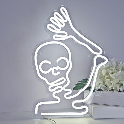 Britrio Skull Halloween Decoration LED Neon Sign Skeleton Wall Art Decor Light for Window Entryway Front Porch Door Bedroom Home Party Supply Kids Gift Cold White 5V Powered by Usb
