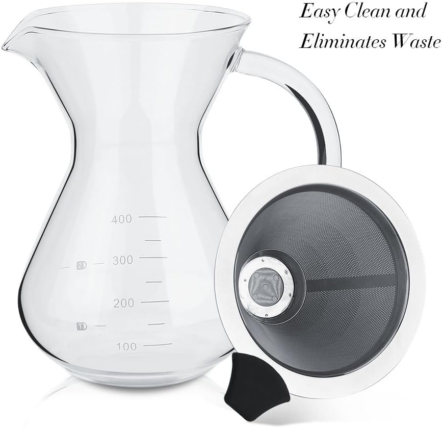 Glass Hand Drip Coffee Maker Pot, 400ML with Stainless Steel Permanent Filter and Scale
