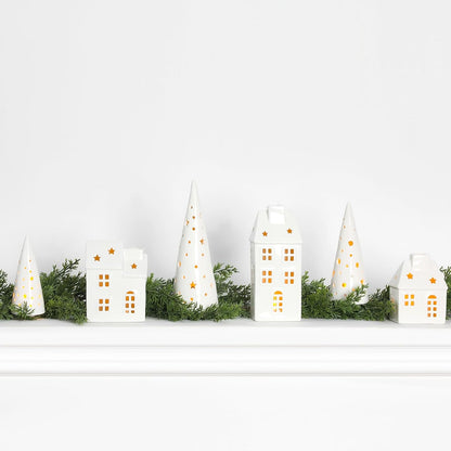 Newtay Ceramic LED Christmas Village Set - 3 LED Houses & 3 Porcelain Trees | White Decor for Tabletop & Mantel