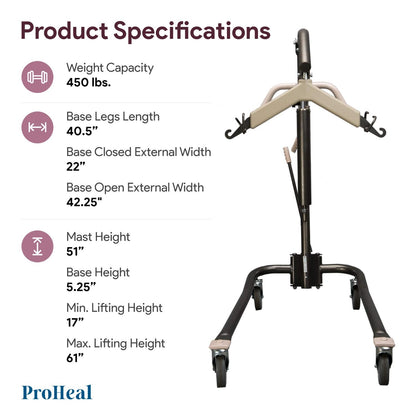 ProHeal Hydraulic Patient Lift - Manual Full Body Lifter for Handicapped, Senior and Immobile Patients - 6 Point Spreader, Chains Included, 450 lbs Capacity