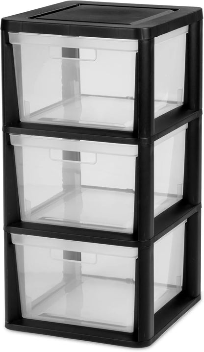 CLMSTE 3 Plastic Drawer Wide Tower Plastic Storage Cart with Clear Pull Out Drawers, Black (Black, Drawer Wide Tower)