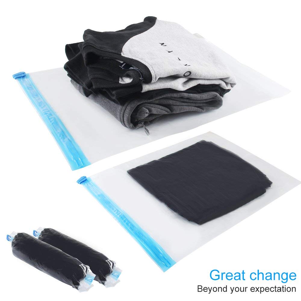 10Pack Travel Space Saver Bags (4 x S, 3 x L, 3 xL), Reusable KFYM Vacuum Travel Storage Bag, Saves 75% of Storage Space, Roll-Up Compression, No Need For Vacuum Machine Or Pump