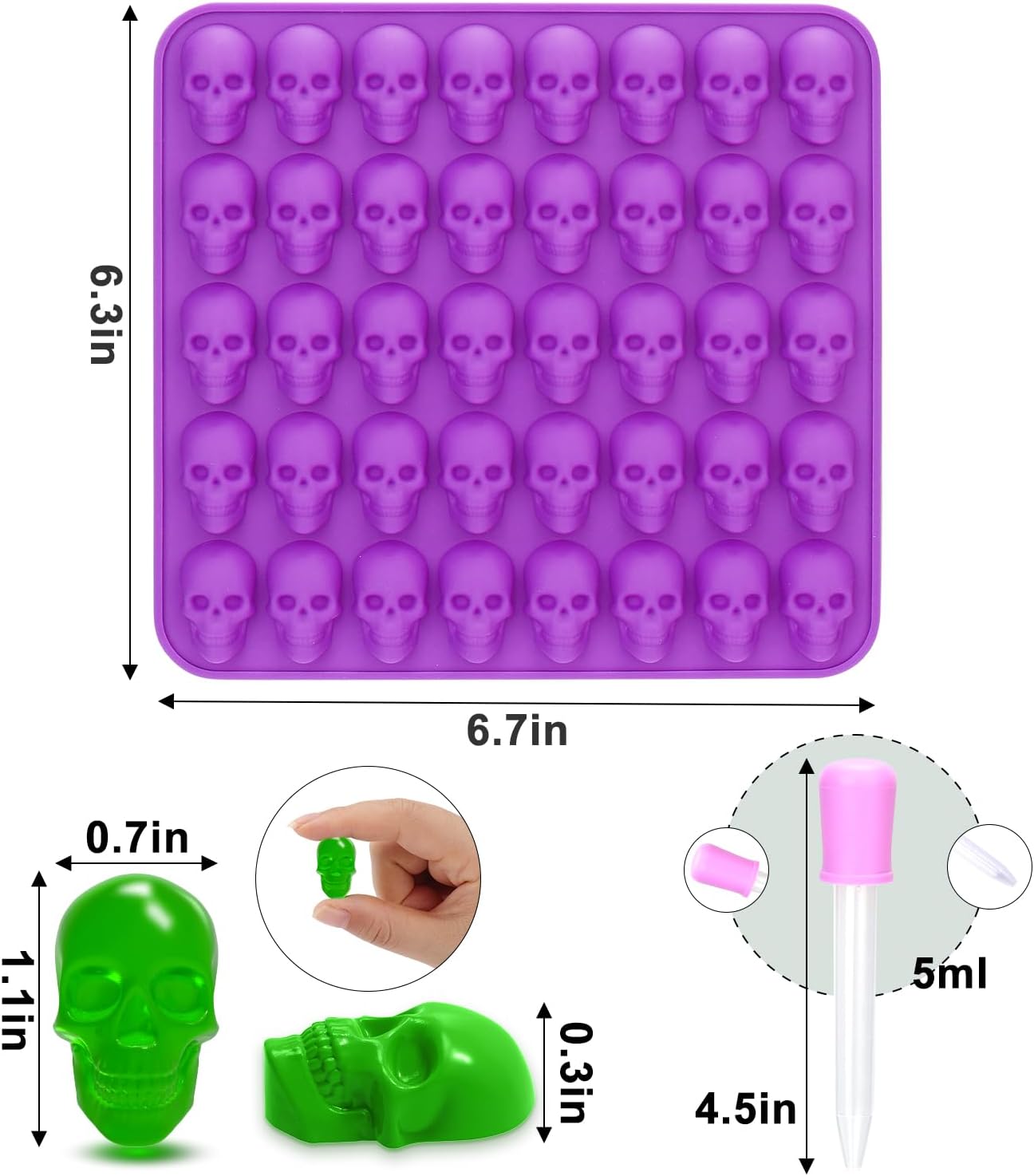 BUSOHA Skull Chocolate Molds Silicone - 2 Pack Non-Stick 40 Cavity Gummy Molds with 1 Droppers for Candy, Chocolate,