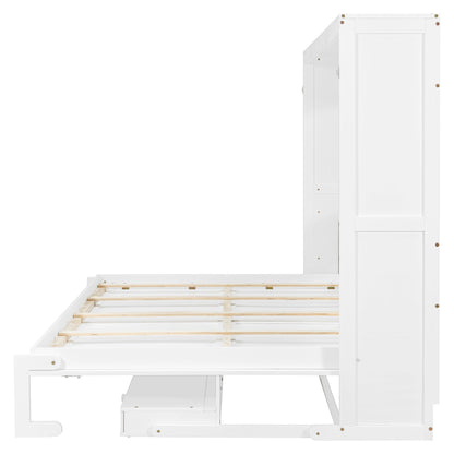 Merax Queen Size Murphy Bed with Vanity Desk, Foldable Murphy Cabinet Bed with Center Mirror and 2 Side Storage Drawers, Wood Space-Saving Hidden Wall Bed Cabinet for Guest Room Office, White