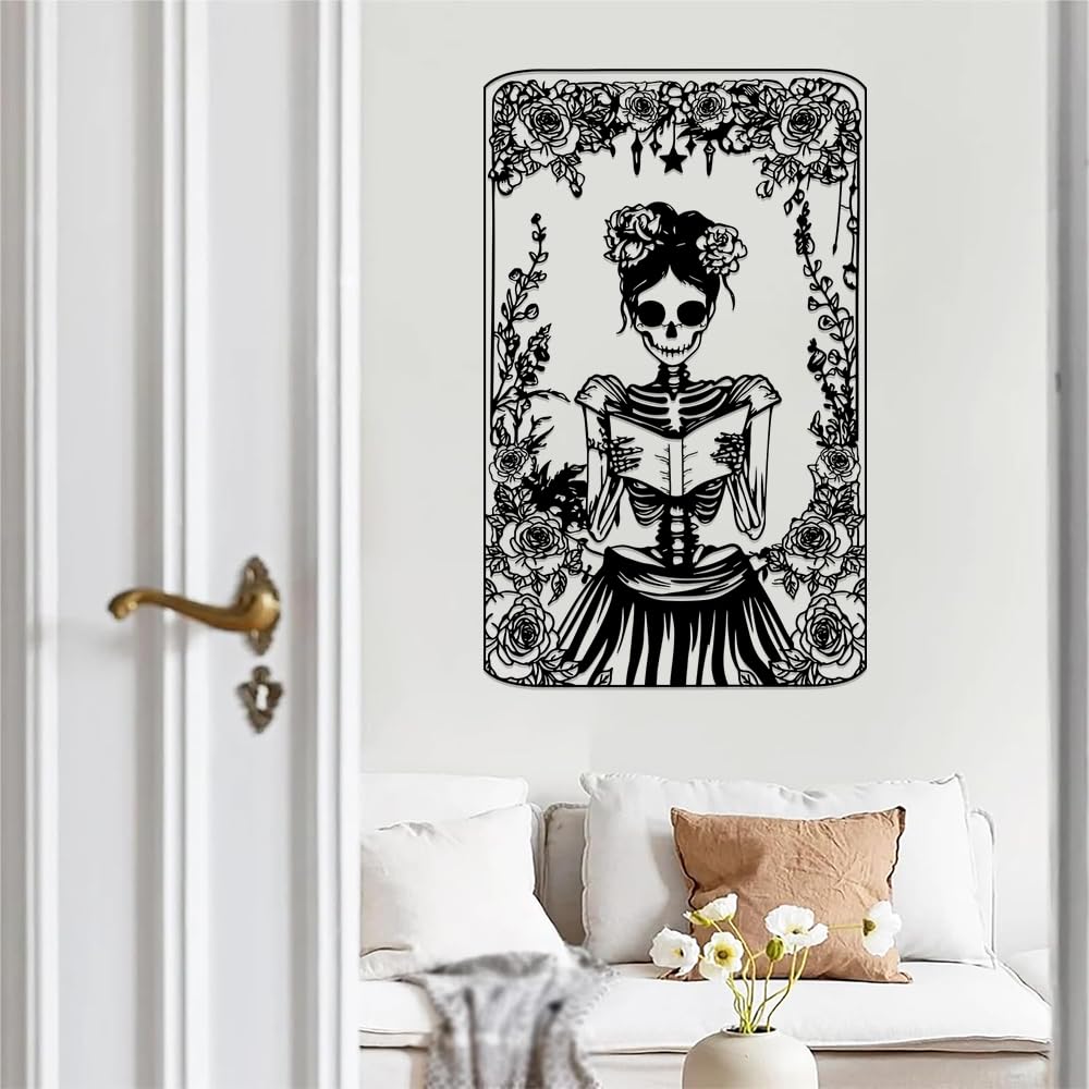 Skull Flower Metal Sign Art Decor,Skull Reading Book Silhouette Signs Wall Hanging Gifts for Birthday Halloween,Female Skeleton Plaque Decorate for Living Room Bedroom Garden Farmhouse Indoor Outdoor