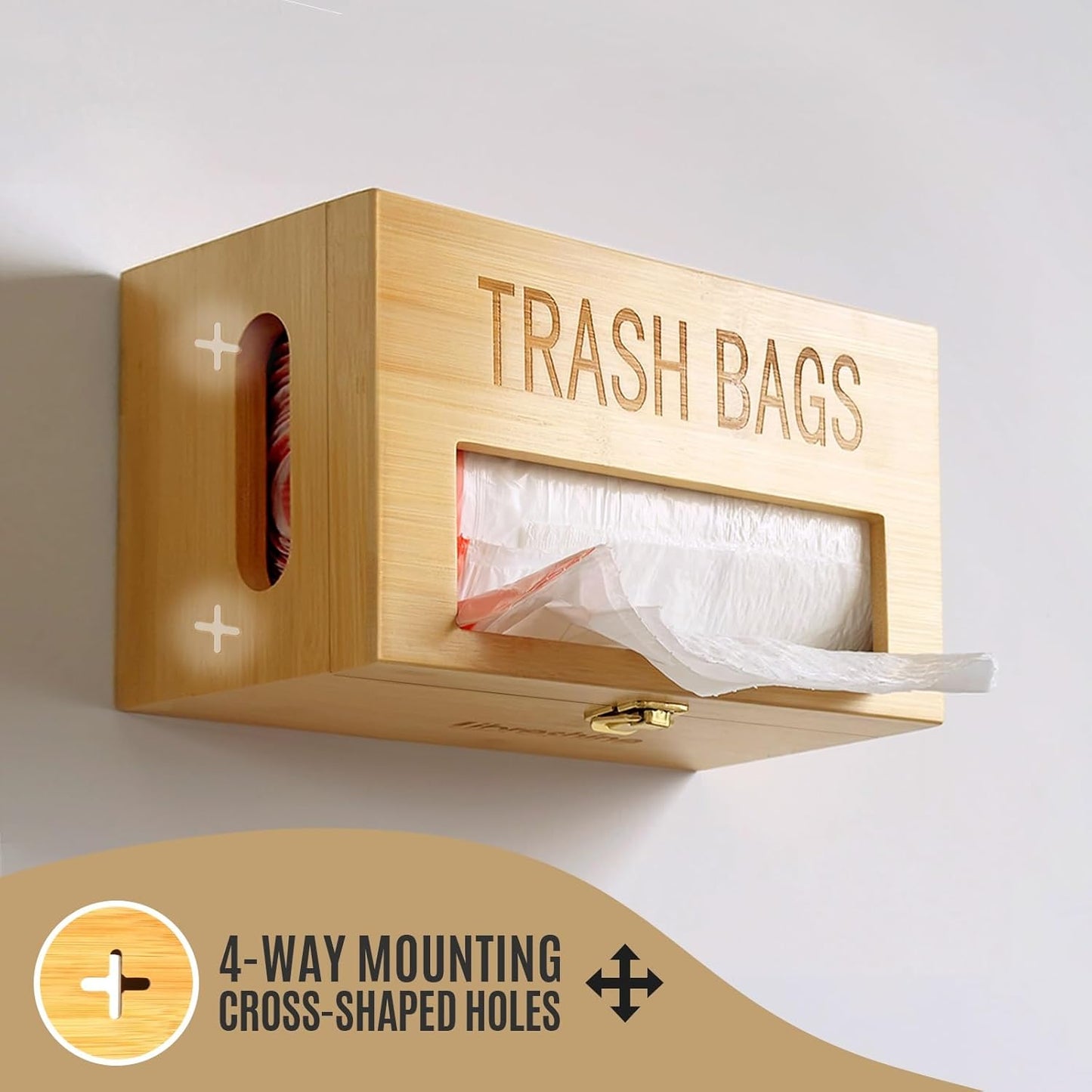 8-33 50+ Libreshine Bamboo Garbage Bag Holder, Multi-Mount Space-Saving Trash Bag Organizer for Kitchen, Pantry, Holds