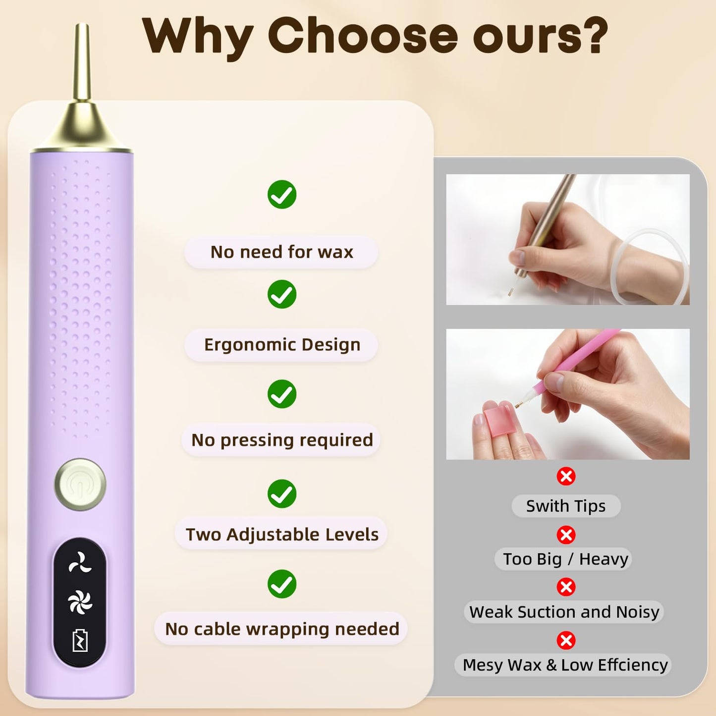 Electric Diamond Painting Pen, Vacuum Diamond Art Pens Cordless & Quiet, Adjustable Suction Mode, Mothers Day Gift for Mom Diamond Painting Tool Supplies for Adults, Purple