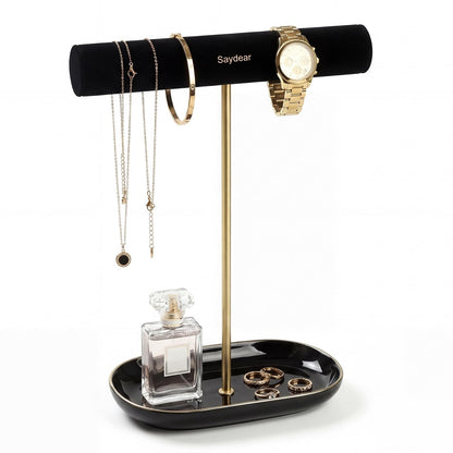 Saydear Velvet Jewelry Organizer Stand, T-Bar Necklace Holder with Ceramic Ring Dish Tray, Watch & Bracelet Display Organizer for Vanity, Dresser, Nightstand, Luxury Gift for Women Black