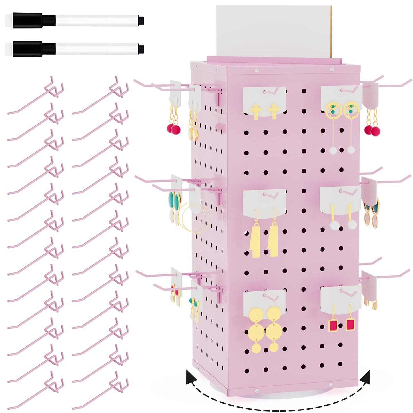 VACONICO Rotating Pegboard Display Stand with 24 Hooks, Tabletop Metal Peg Board Organizer for Craft Shows, Retail Stores, Vendors & Artists – 4-Sided Spinning Rack (Pink)