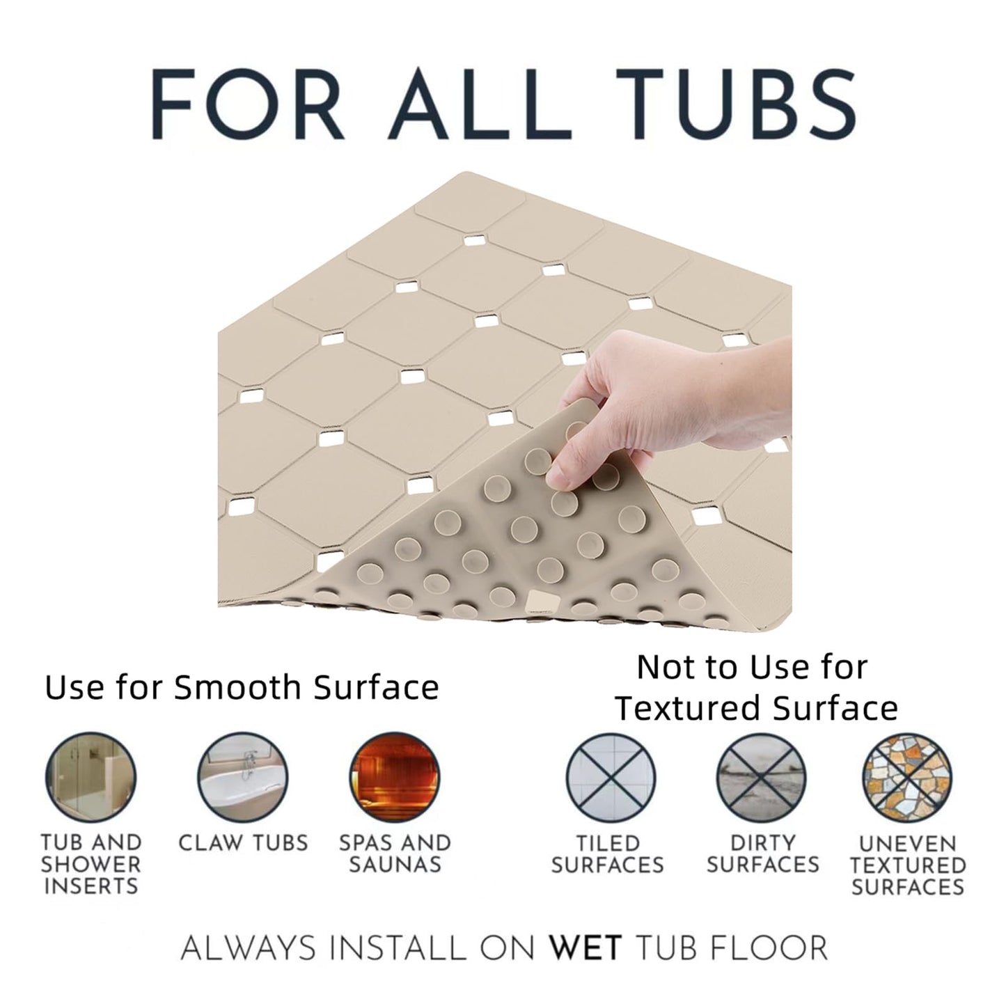 MEIMEIDE Shower Mat Non Slip 21"x21" Silicone Foldable Bath Mat with Suction Cups & Drain Holes, Odorless, Eco-Friendly & Durable, Machine Washable Shower Stall Mat for Adults, Seniors Beige
