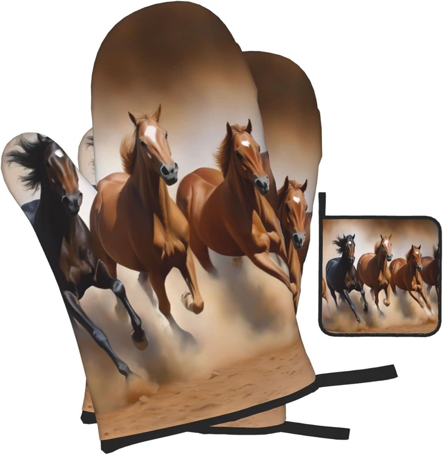 Oven Mitts and Potholders, Animal Horse Elegant Running Horse in Desert Sand Storm Baking Glove and Pot Holder, 3-Piece