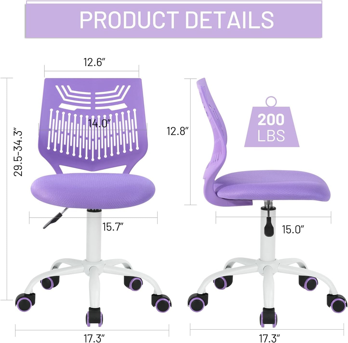Kids Desk Chair, Armless Home Office Task Chair with Mesh Padded Cushion, Swivel Rolling Wheels for Children
