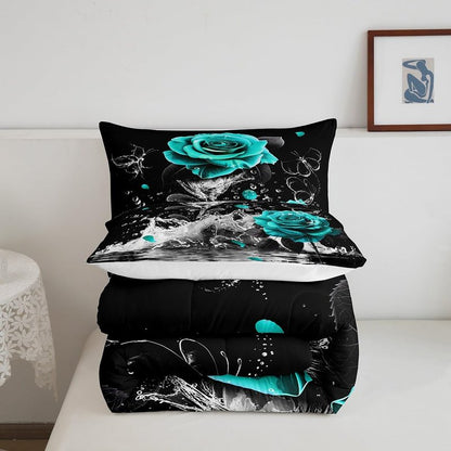 Feelyou Teal Rose Bedding Set Queen Size Romantic Floral Blossom Comforter Set for Adult Black Teal Comforter Reflection on Water Quilt Set 3Pcs
