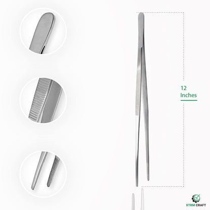 XTRM CRAFT Thumb Dressing Forceps, Mulipurpose Tweezer Stainless Steel, Serrated Tip Straight 12 Inch