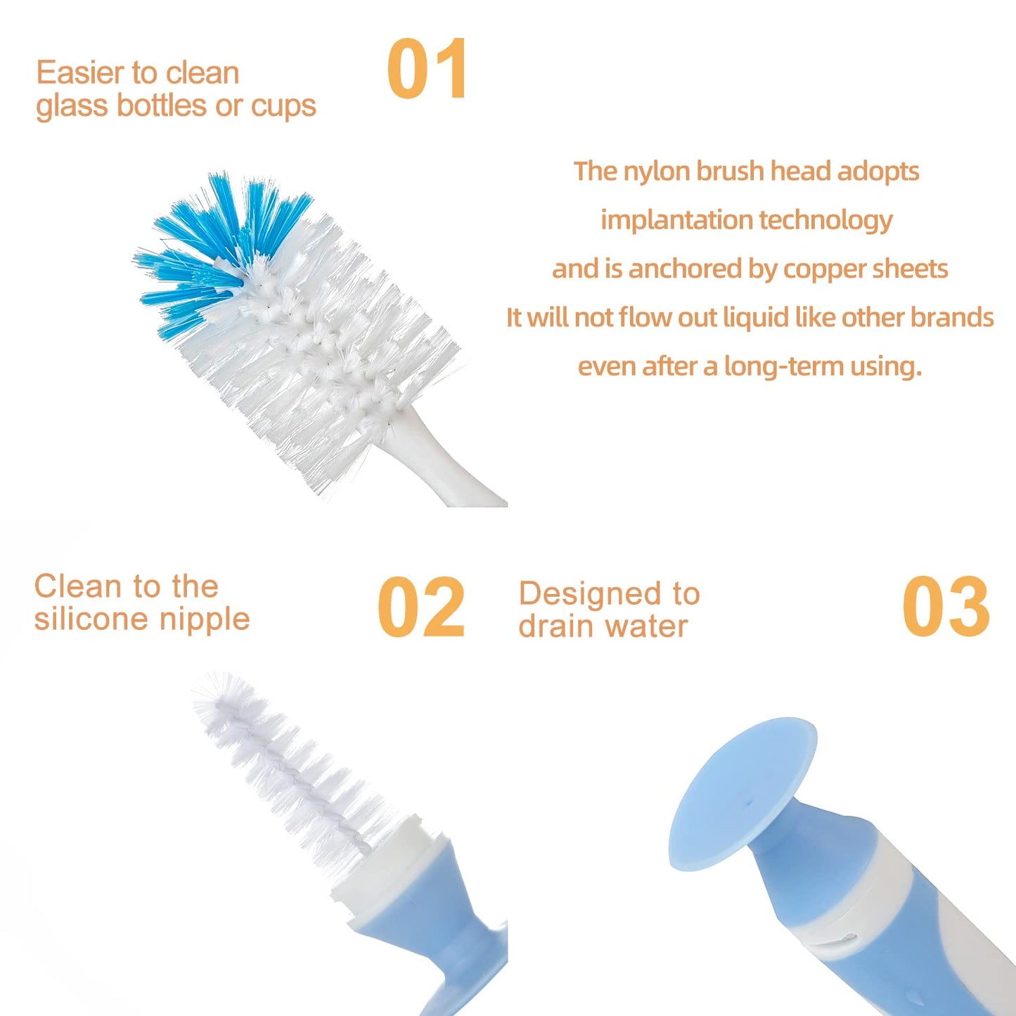Chemimoso Multifunctional Cleaning Brush, Baby Bottle Brush, Bottle Brush Cleaner, Rotate The Suction Cup to Obtain The Small Bristle Brushes, Set X, Blue, Nylon and Nylon Brush
