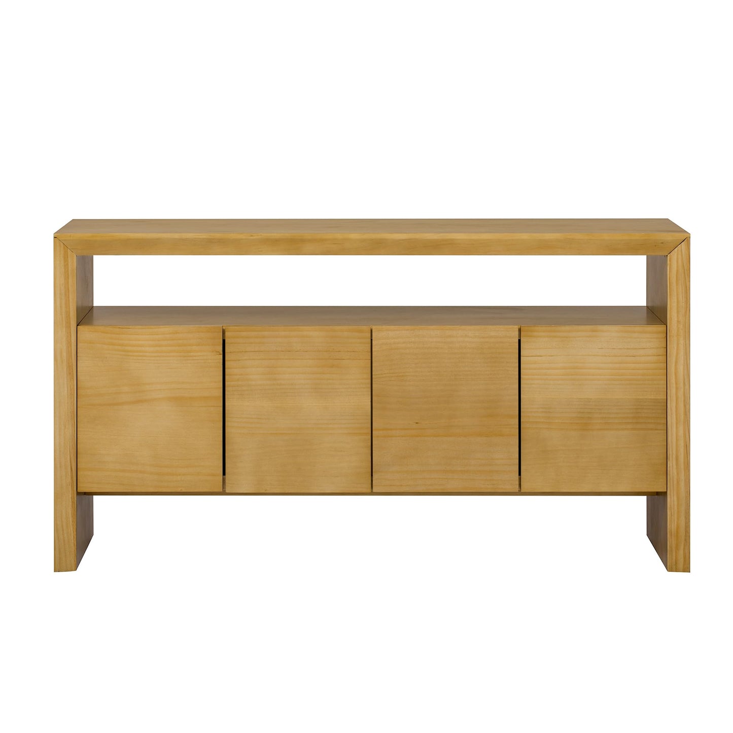 GDFStudio 60" Modern Buffet Cabinet with 4 Doors and Open Shelf, Solid Wood Veneer Sideboard Cabinet Credenza Storage Console Table for Kitchen Dining Room Living Room Entryway Coffee Bar, Natural