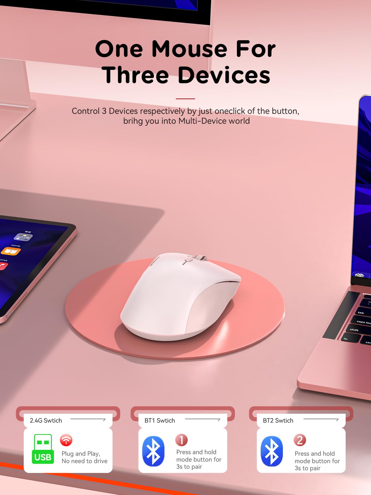 RAPIQUE Bluetooth Wireless Mouse - Dual Bluetooth & 2.4 GHz USB Receiver, Ergonomic Design, Quiet Clicks, Low Power - Multi-Device Compatibility for MacBook, Laptop, Computer, iPad Air/Pro (Pink)
