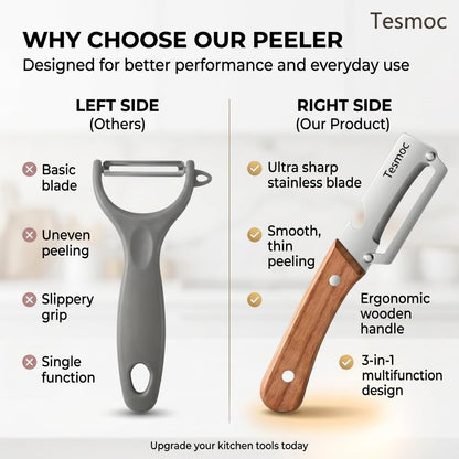 Multifunctional Fruit and Vegetable Peeler,Premium Stainless Steel Blade,Wooden Handle Hand Tool with Bottle Opener,Julienne Peeler for Potato,Cucumber,Orange,Pineapple,Veggie (2)