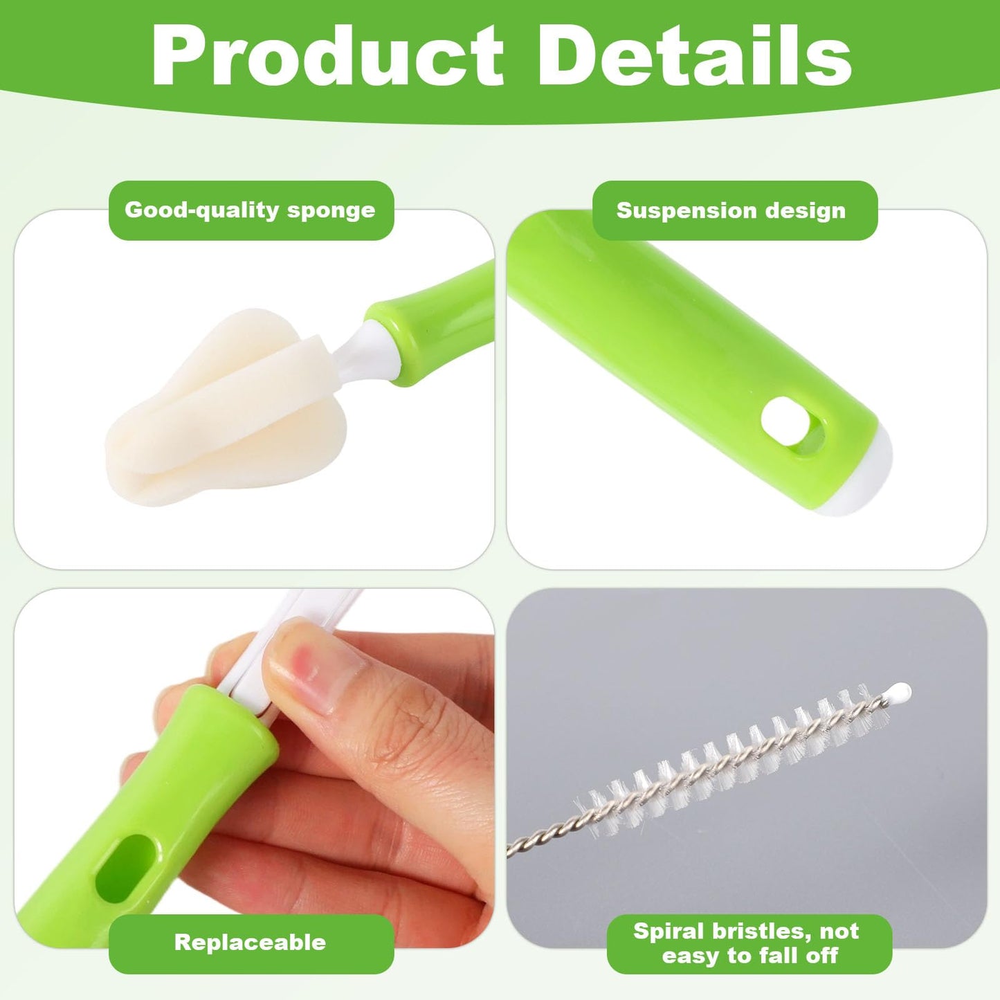 16pcs Sponge Nipple Bottle Brushes Set, Includes 6 Bottle Nipple Cleaners Washer Scrubber with 6 Replacement Brush Heads & 4 Straw Brushes for Cleaning Baby Food Feeders Cups Straws