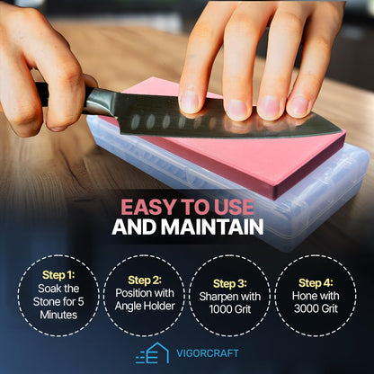 VIGORCRAFT Japanese Whetstone Set - Premium Knife Sharpening Stone Kit - 1000 and 3000 Grit Professional Sharpener Stones with Angle Holder and Plastic Base