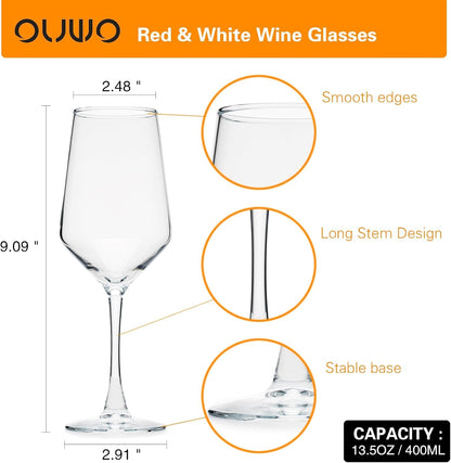 OUWO Wine Glasses Set of 4, 13.5oz Red White Wine Glasses,Lead-free Long Stem Wine Glasses for Home, Party, Wedding, Ideal Wine Accessories Gift,Clear