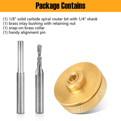 71333 Inlay Router Bit Bushing Set for 1/4 Templates High RPM Routing, Includes 1/8" Carbide Spiral Bit + 1/4 Shank - Universal Quick Change Bushing, Retainer Nut, Collar, Alignment Pin
