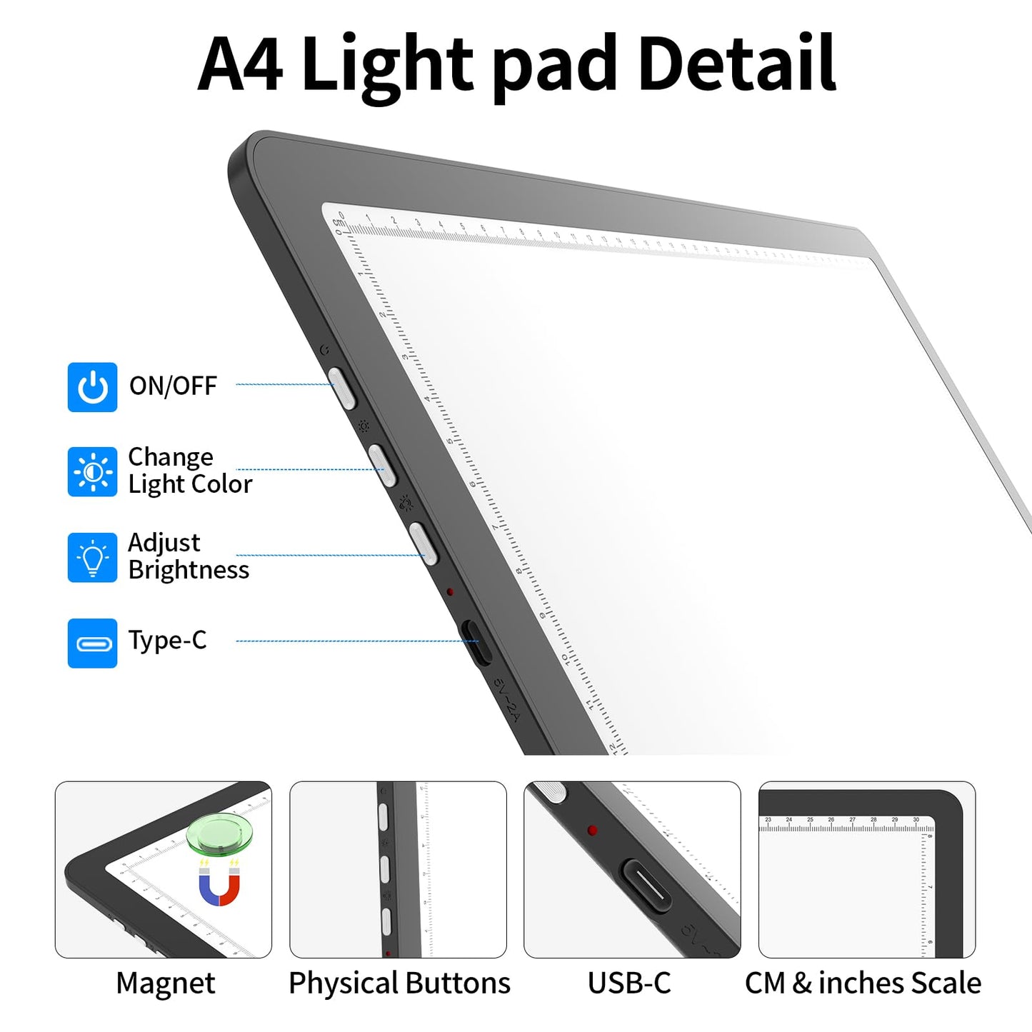 TOHETO A4 Light Board for Diamond Painting, Super Bright Magnetic Light Pad with Side Buttons, Lightbox for Tracing and Drawing, Corded Light Table for Sketching, Animation, Weeding Vinyl (Black)