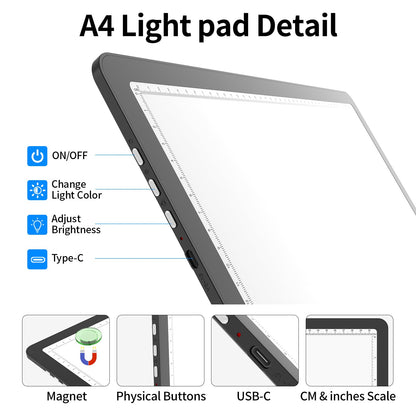 TOHETO A4 Light Board for Diamond Painting, Super Bright Magnetic Light Pad with Side Buttons, Lightbox for Tracing and Drawing, Corded Light Table for Sketching, Animation, Weeding Vinyl (Black)
