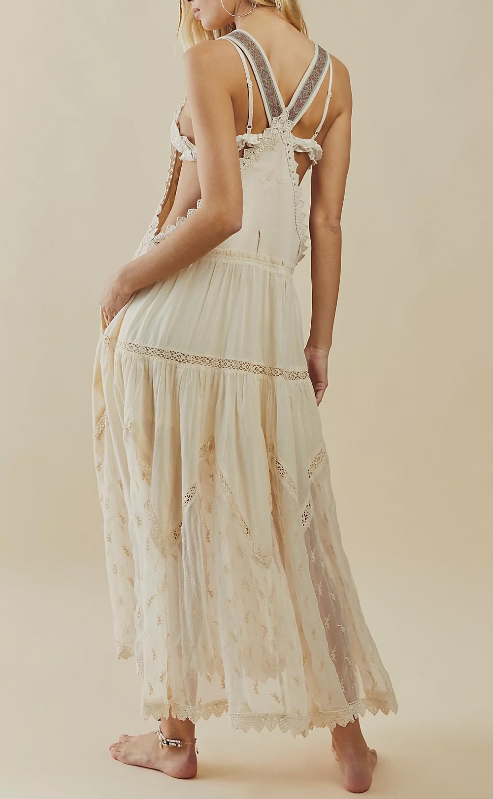 Women's Casual Lace Embroidered Maxi Dress Adjustable Strap Pleated Tiered Swing Long Dress with Pockets