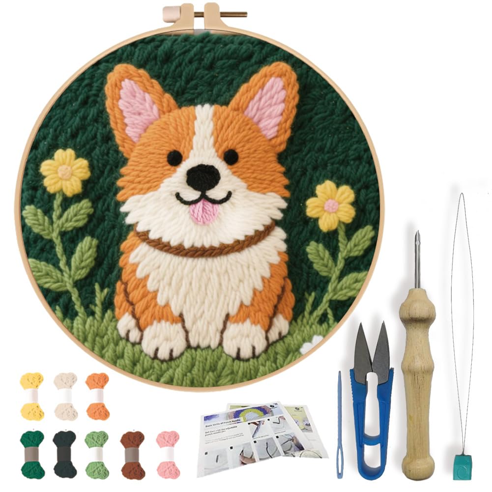 FREEBLOSS DIY Corgi Punch Needle Kit for Beginners Embroidery Punch Needle Starter Craft Set with Instructions Frame Embroidery Kit for Adults Gift Decoration 7.9''/20cm
