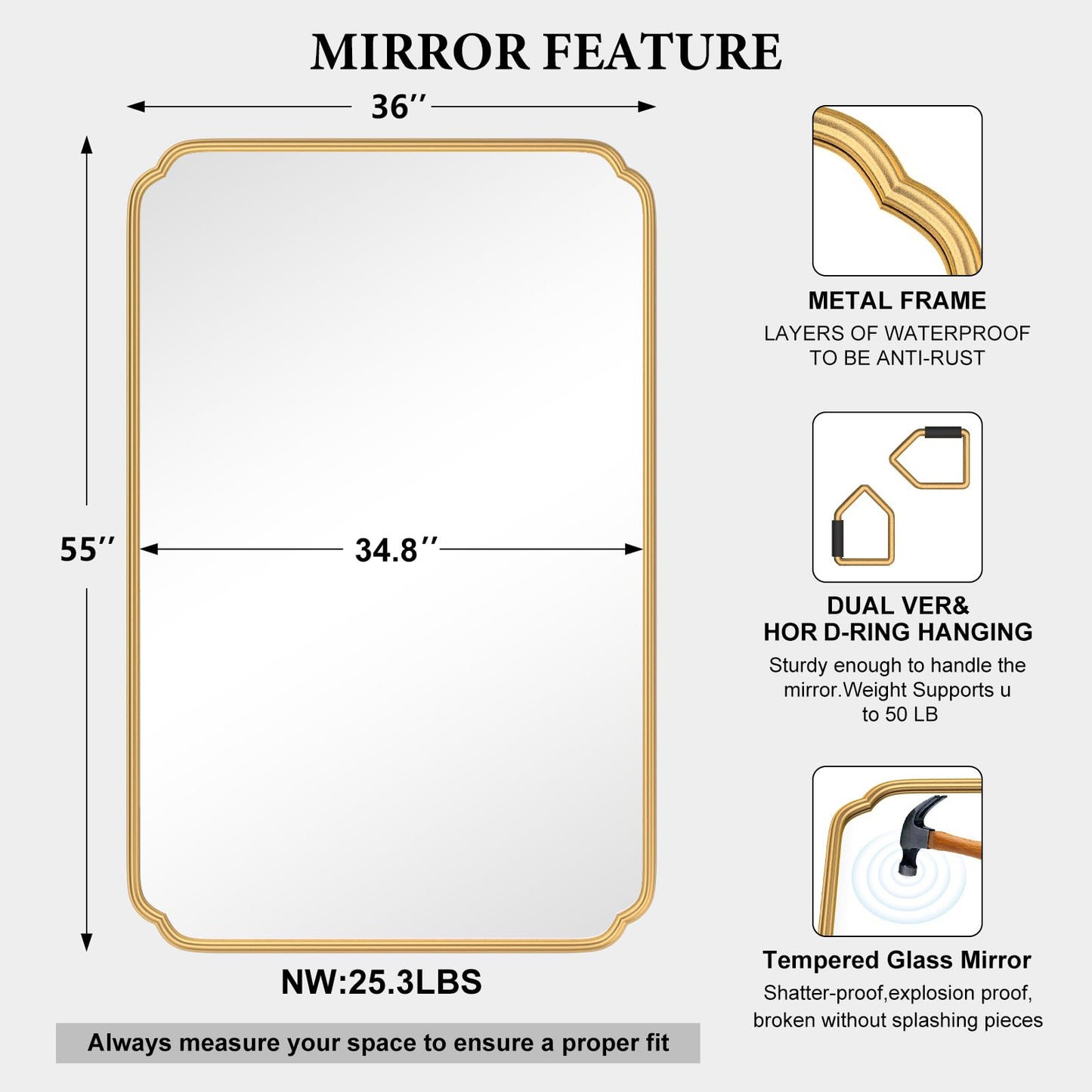 Ferytange 55X36 Inch Gold Metal Framed Bathroom Mirror for Wall, Large Rounded Rectangle Bathroom Vanity Mirror Farmhouse, Anti-Rust, Tempered Glass, Hangs Horizontally or Vertically