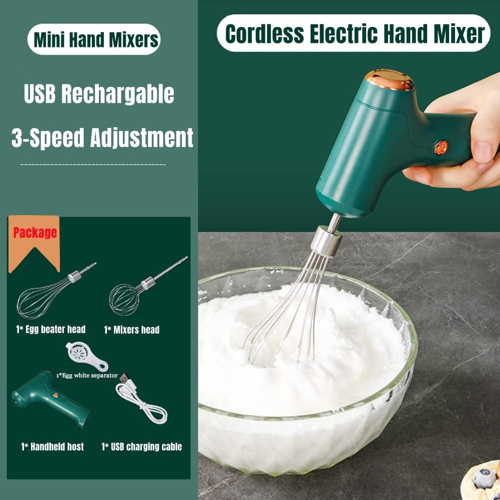 Mini Hand Mixer, Cordless Electric Handheld Mixer, USB Rechargeable with 2 Detachable Whisks for Kitchen Baking