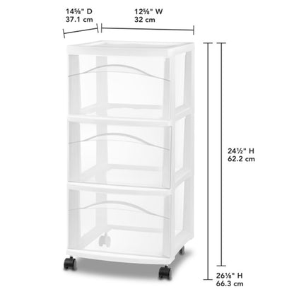 Sterilite 6 Pack 3 Drawer Storage Cart, Plastic Medium Organizer with Wheels, White - Multipurpose Bin for Crafts, Accessories, or Office Supplies