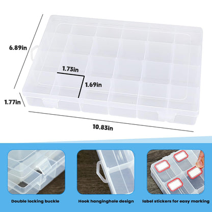 Megoogo 2pack 24 Grid Clear Plastic Bead Organizer Box with Adjustable Dividers, Bead Organizers and Storage Container Box with 2 Label Sticker for Craft Buttons Fishing Tackles Tools Hair Accessories