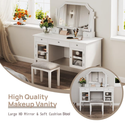 Merax Makeup Vanity Desk with Large Adjustable Mirror & Stool, Minimalist Dressing Table Set with 5 Drawers & 2 Cabinets, Space-Saving Beauty Station for Bedroom Salon Barber Store, White