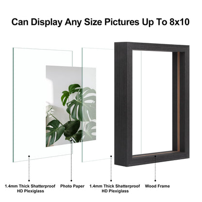Egofine 8x10 Floating Frames Set of 2, Double Plexiglass Picture Frame, Made of Solid Wood Display Any Size Photo up to 8x10, Wall Mount or Tabletop Standing, Faded Black