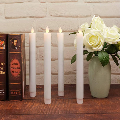 DRomance Flameless Flickering Taper Candles with 10-Key Remote and Timer Battery Operated White Real Wax LED Candlesticks Dinner Wedding Christmas Holiday Decor Candles(4 Pack, 0.78" D x 9.5" H)