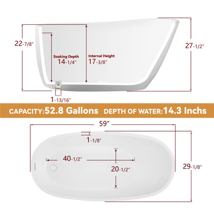 59" Free Standing Tub, Pure Acrylic Freestanding Bathtub, Stylish Stand Alone Contemporary Deep Soaking Bath Tub, cUPC Certified SY9950 (Glossy White)