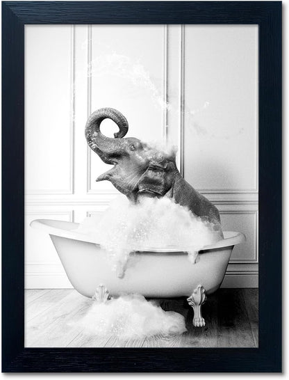 Regine Switzerland Elephant in Bathtub Canvas Print - Funny Black & White Bathroom Wall Art
