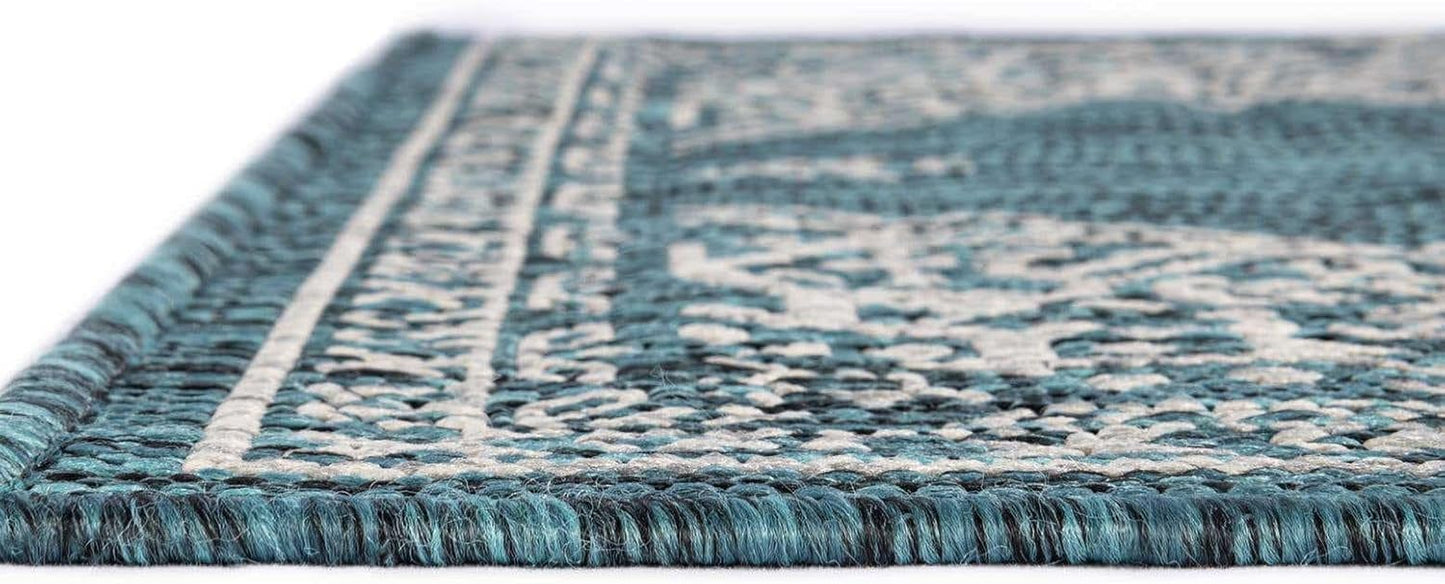 Unique Loom Outdoor Traditional Area Rug - Antique, 2' x 3' 1" Rectangle, Teal/Ivory Collection