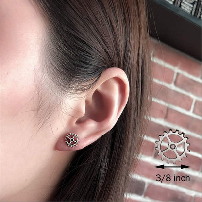 925 Sterling Silver 9MM Steampunk Gear Earrings Studs, Antiqued Finish