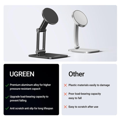 UGREEN Magnetic Phone Stand Compatible with MagSafe Holder for Desk Ergonomic Design Adjustable, Aluminum Cell Phone Stand Compatible for iPhone 17 Air 16 15 14 13 12 Pro Max and MagSafe Case, Grey