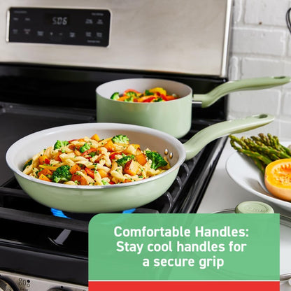 T-fal 2 Piece Recycled Ceramic Nonstick Cookware Set, Oven Safe 350F, Pots and Pans, Green
