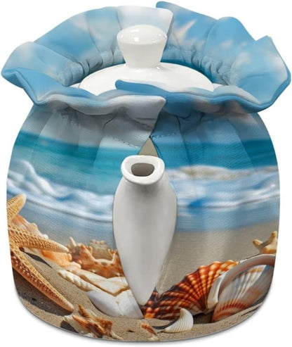 Beach Theme Tea Cozy, Dust Proof Insulated Teapot Cover, Decorative Accessories for Home Kitchen Table, Tea Party