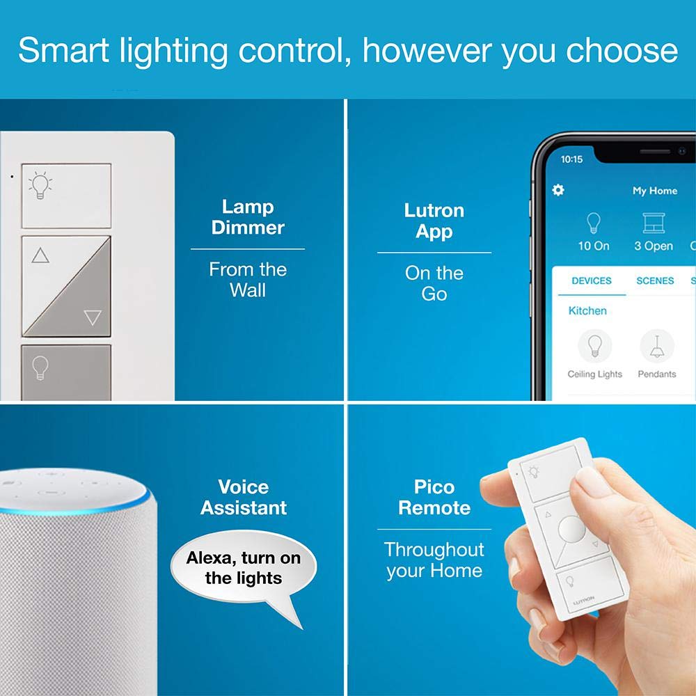 Lutron Caseta Smart Start Kit for Lamps, Plug-in Lamp Dimmer with Smart Bridge and Pico Remote, Compatible with Alexa, Apple HomeKit, and The Google Assistant | P-BDG-PKG1P | White