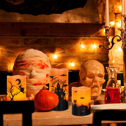 Lasumora Halloween Flameless Candles with 6-Hour Timer, Battery Operated Orange LED Pillar Candles Flickering Real Wax, Witch, Bats, Castle Decals Set of 3 for Halloween Decorations, D3”x H4” 5” 6”