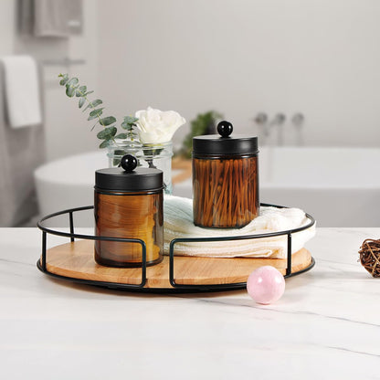 Amolliar Amber Glass Qtip Holder, Apothecary Jars with Matte Black Metal Lid & Stickers-Bathroom Qtip Dispenser Storage Organizer Set,Vanity Counter Canister for Cotton Swabs,Round Pads,Floss (6 Pack)