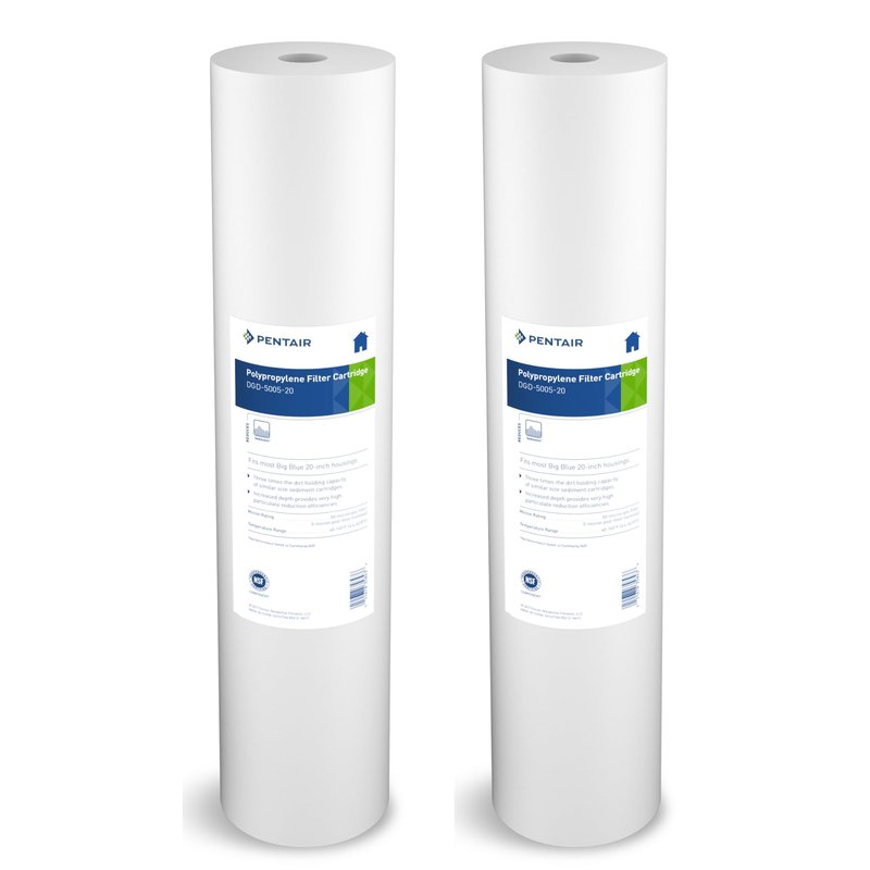 Pentair Pentek DGD-5005-20 Big Blue Water Filter, 20-Inch Whole House Sediment Filter Cartridge Replacement, Dual-Gradient Density Spun Polypropylene, 20" x 4.5", 5 Micron, (Pack of 2), White
