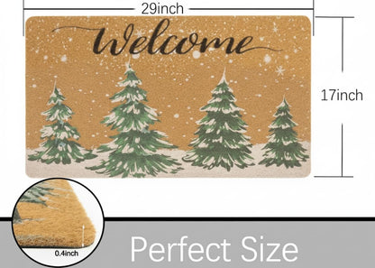 Winter Welcome Mats for Front Door, Faux-Coir Pinetree Door Mat 17x30 inch